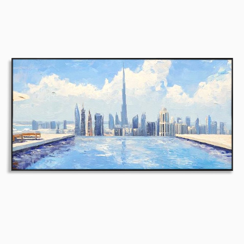 Tablou canvas cu tablou canvas cu peisaj urban din dubai, in rama de aluminiu negru