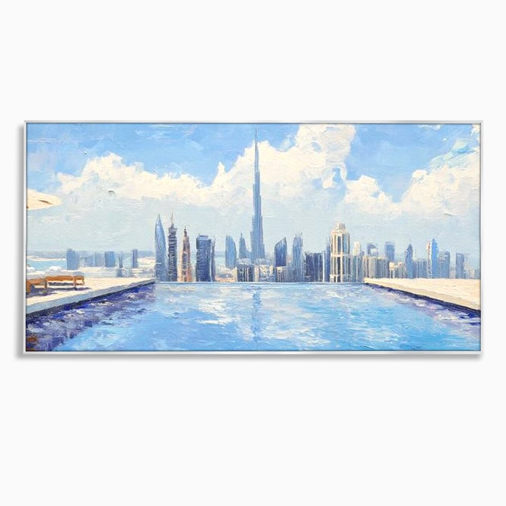 Tablou canvas cu tablou canvas cu peisaj urban din dubai, in rama de aluminiu argintiu