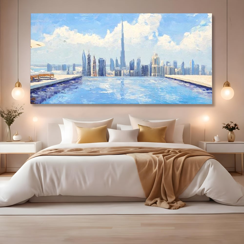 Tablou canvas cu tablou canvas cu peisaj urban din dubai, fara rama, pe sasiu de lemn, pe perete intr-un dormitor