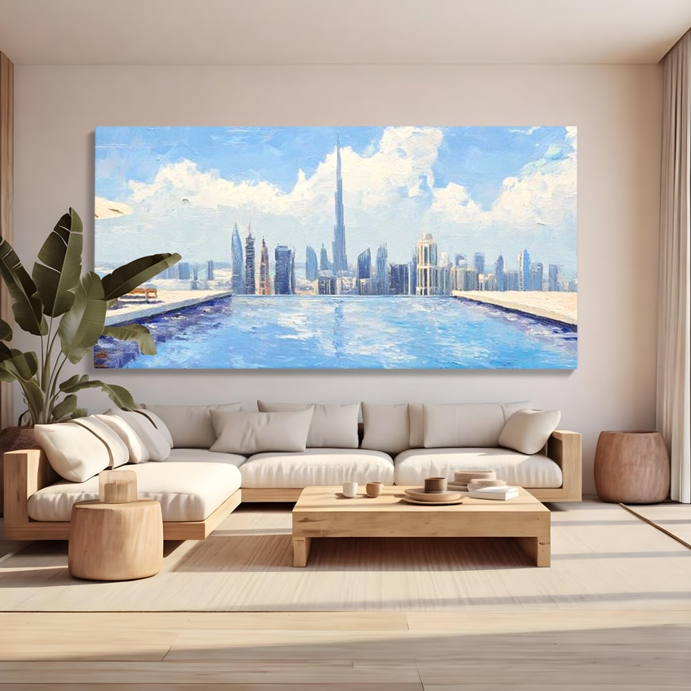 Tablou canvas cu tablou canvas cu peisaj urban din dubai, fara rama, pe sasiu de lemn, pe perete intr-un living