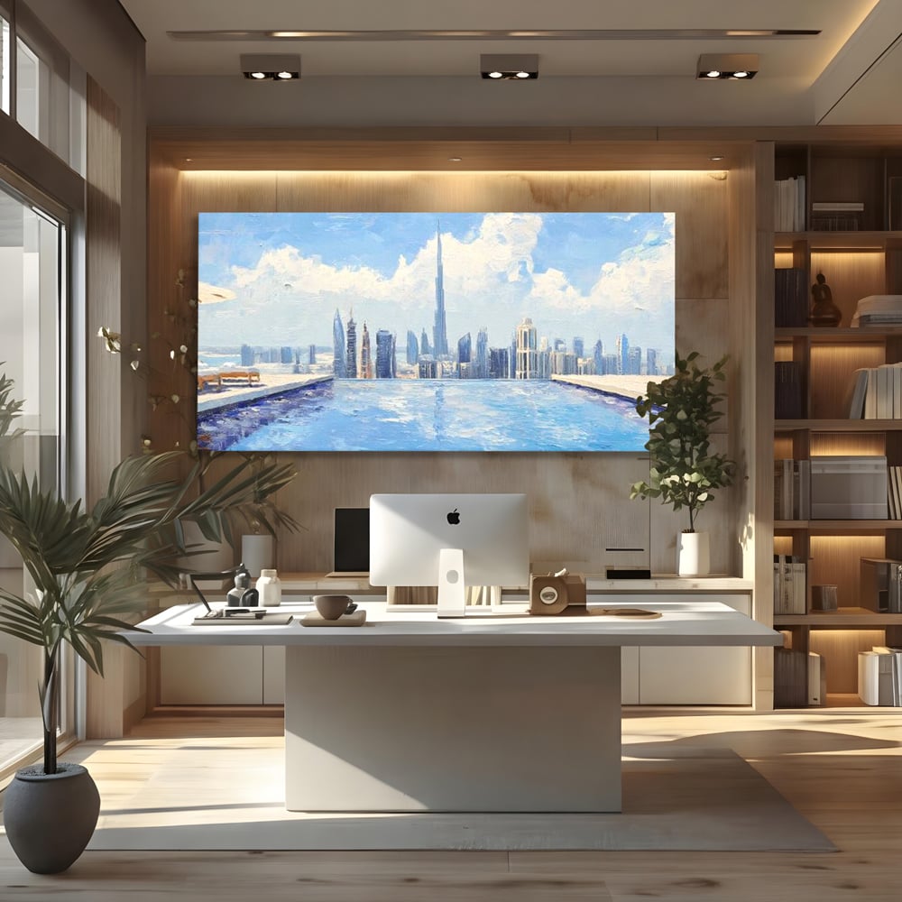 Tablou canvas cu tablou canvas cu peisaj urban din dubai, fara rama, pe sasiu de lemn, pe perete intr-un birou