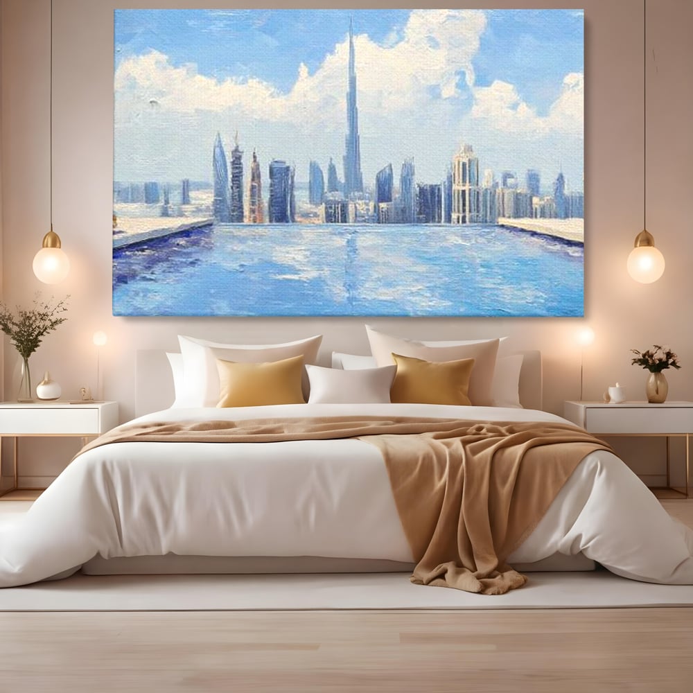 Tablou canvas cu tablou canvas cu peisaj urban din dubai, fara rama, pe sasiu de lemn, pe perete intr-un dormitor