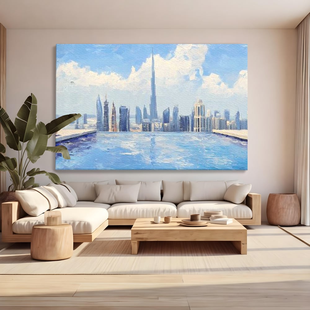Tablou canvas cu tablou canvas cu peisaj urban din dubai, fara rama, pe sasiu de lemn, pe perete intr-un living