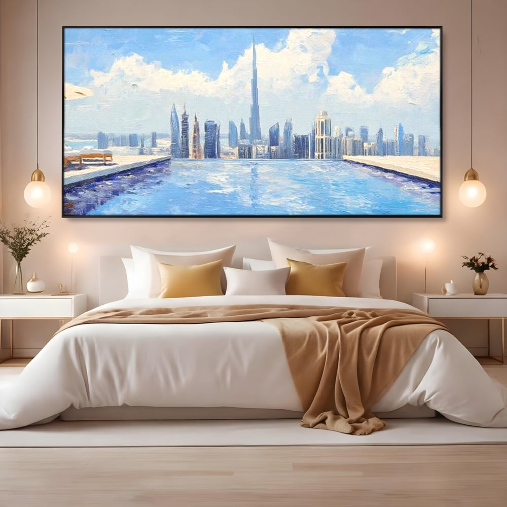 Tablou canvas cu tablou canvas cu peisaj urban din dubai, in rama de aluminiu negru, pe perete intr-un dormitor