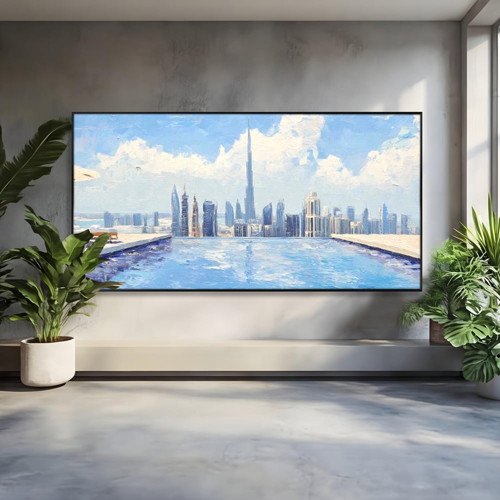 Tablou canvas cu tablou canvas cu peisaj urban din dubai, in rama de aluminiu negru