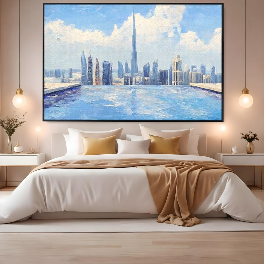 Tablou canvas cu tablou canvas cu peisaj urban din dubai, in rama de aluminiu negru, pe perete intr-un dormitor