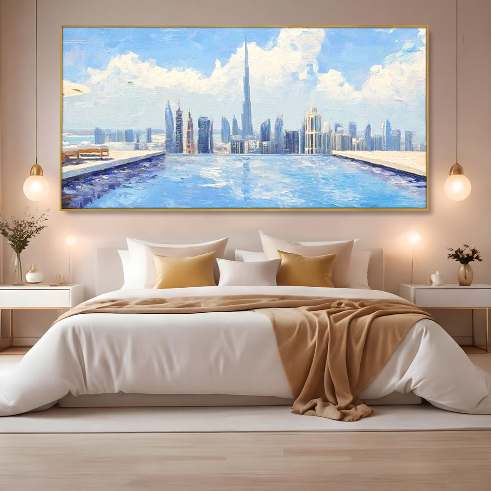 Tablou canvas cu tablou canvas cu peisaj urban din dubai, in rama de aluminiu auriu, pe perete intr-un dormitor