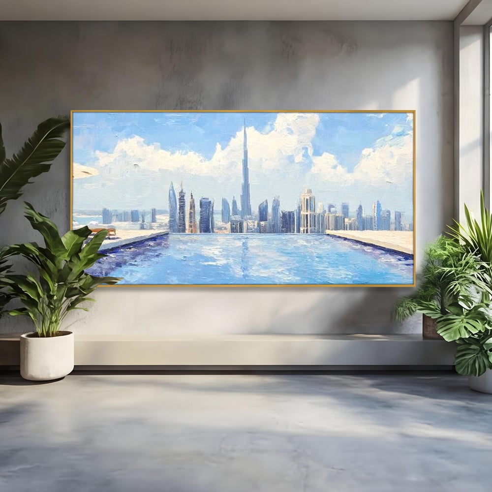 Tablou canvas cu tablou canvas cu peisaj urban din dubai, in rama de aluminiu auriu