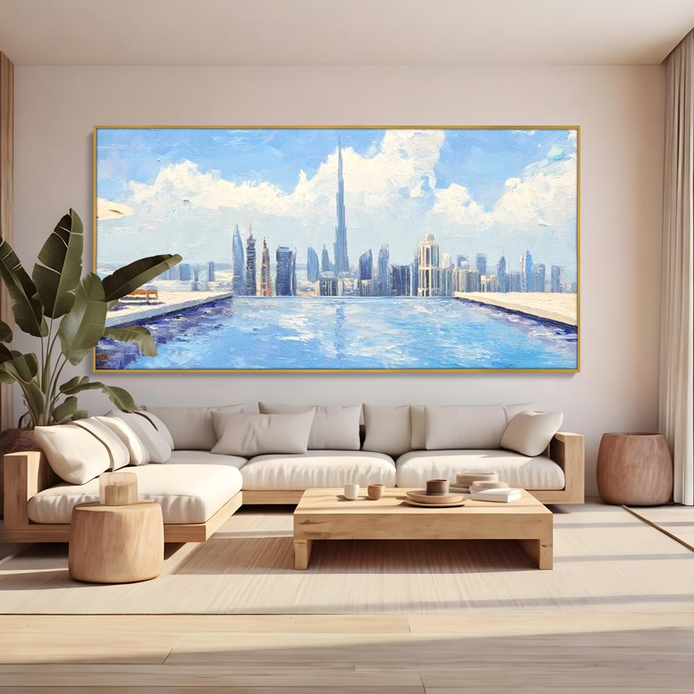 Tablou canvas cu tablou canvas cu peisaj urban din dubai, in rama de aluminiu auriu, pe perete intr-un living