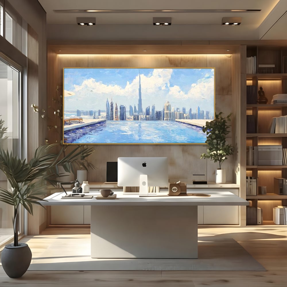 Tablou canvas cu tablou canvas cu peisaj urban din dubai, in rama de aluminiu auriu, pe perete intr-un birou