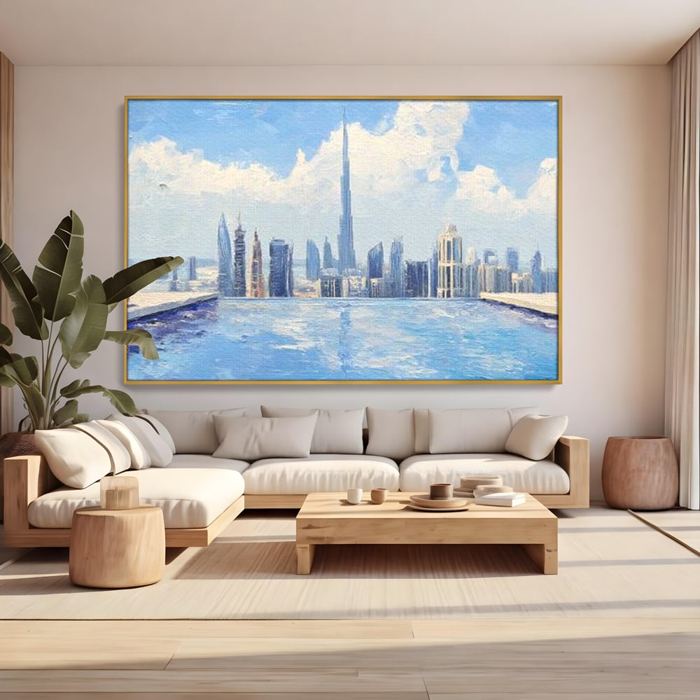 Tablou canvas cu tablou canvas cu peisaj urban din dubai, in rama de aluminiu auriu, pe perete intr-un living