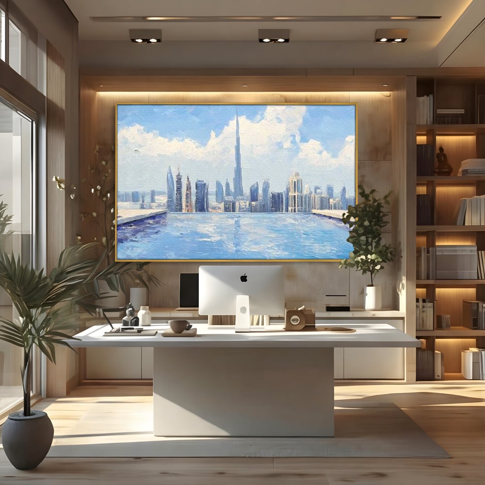 Tablou canvas cu tablou canvas cu peisaj urban din dubai, in rama de aluminiu auriu, pe perete intr-un birou