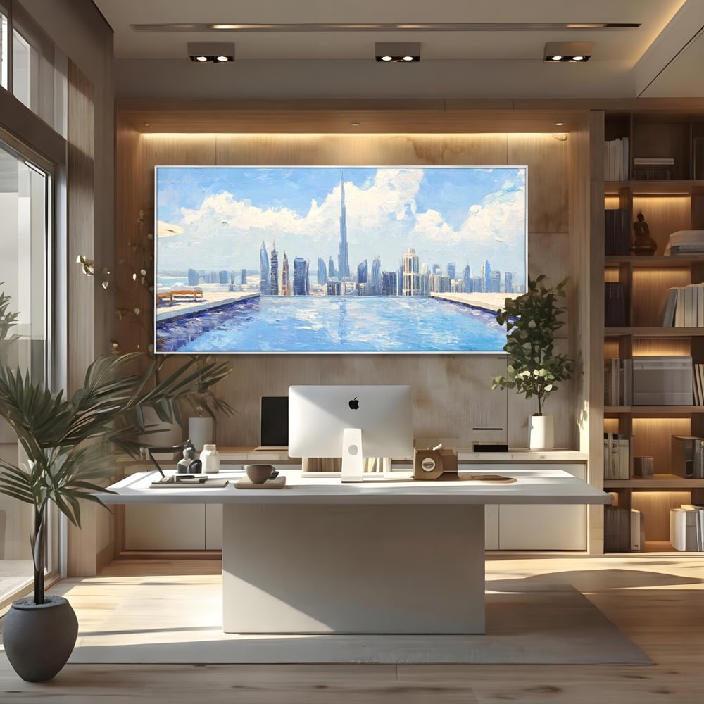 Tablou canvas cu tablou canvas cu peisaj urban din dubai, in rama de aluminiu argintiu, pe perete intr-un birou
