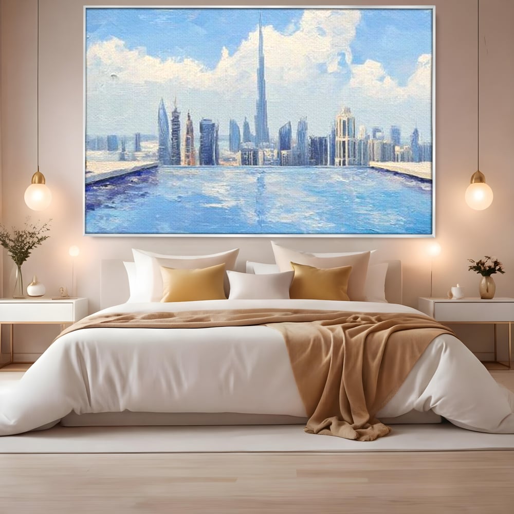 Tablou canvas cu tablou canvas cu peisaj urban din dubai, in rama de aluminiu argintiu, pe perete intr-un dormitor