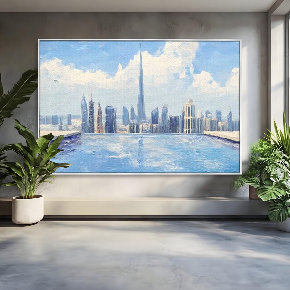 Tablou canvas cu tablou canvas cu peisaj urban din dubai, in rama de aluminiu argintiu