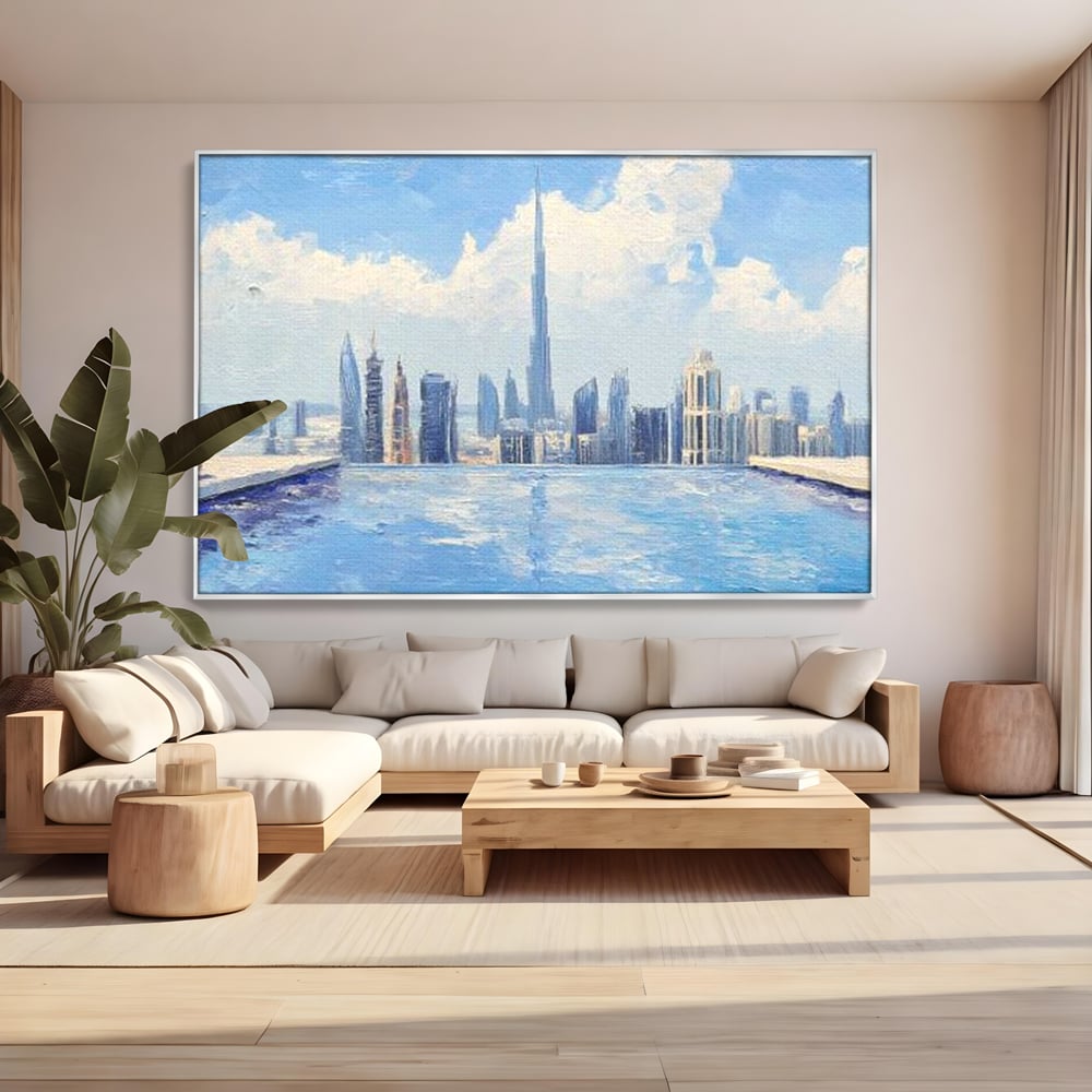 Tablou canvas cu tablou canvas cu peisaj urban din dubai, in rama de aluminiu argintiu, pe perete intr-un living