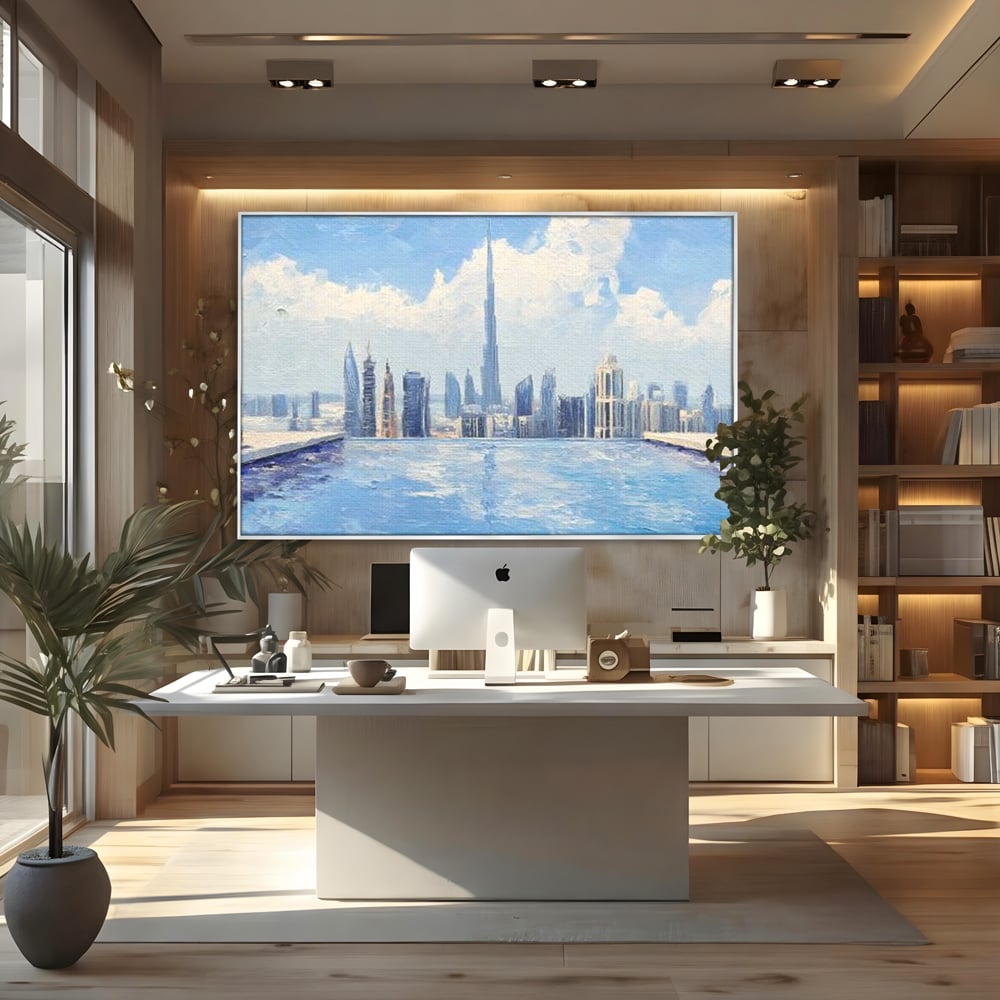 Tablou canvas cu tablou canvas cu peisaj urban din dubai, in rama de aluminiu argintiu, pe perete intr-un birou