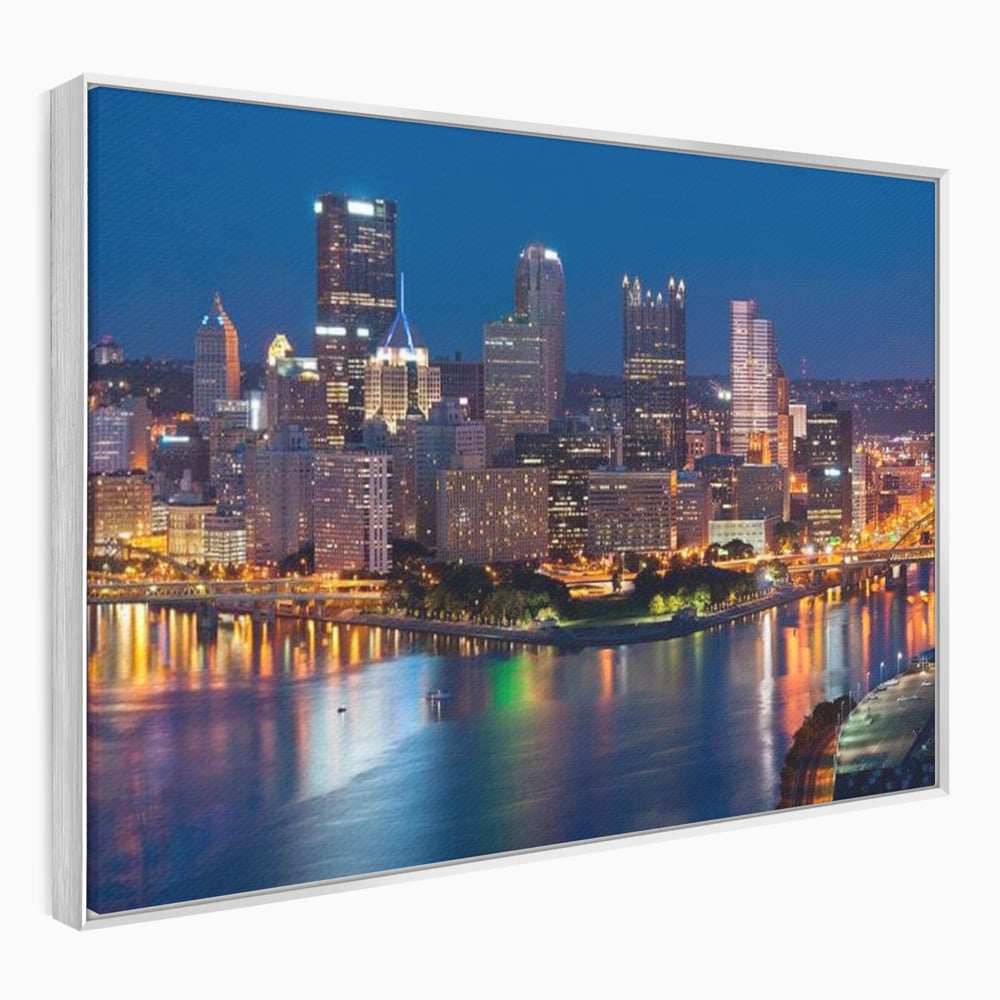 Tablou canvas cu tablou canvas cu peisaj nocturn urban, in rama de aluminiu argintiu