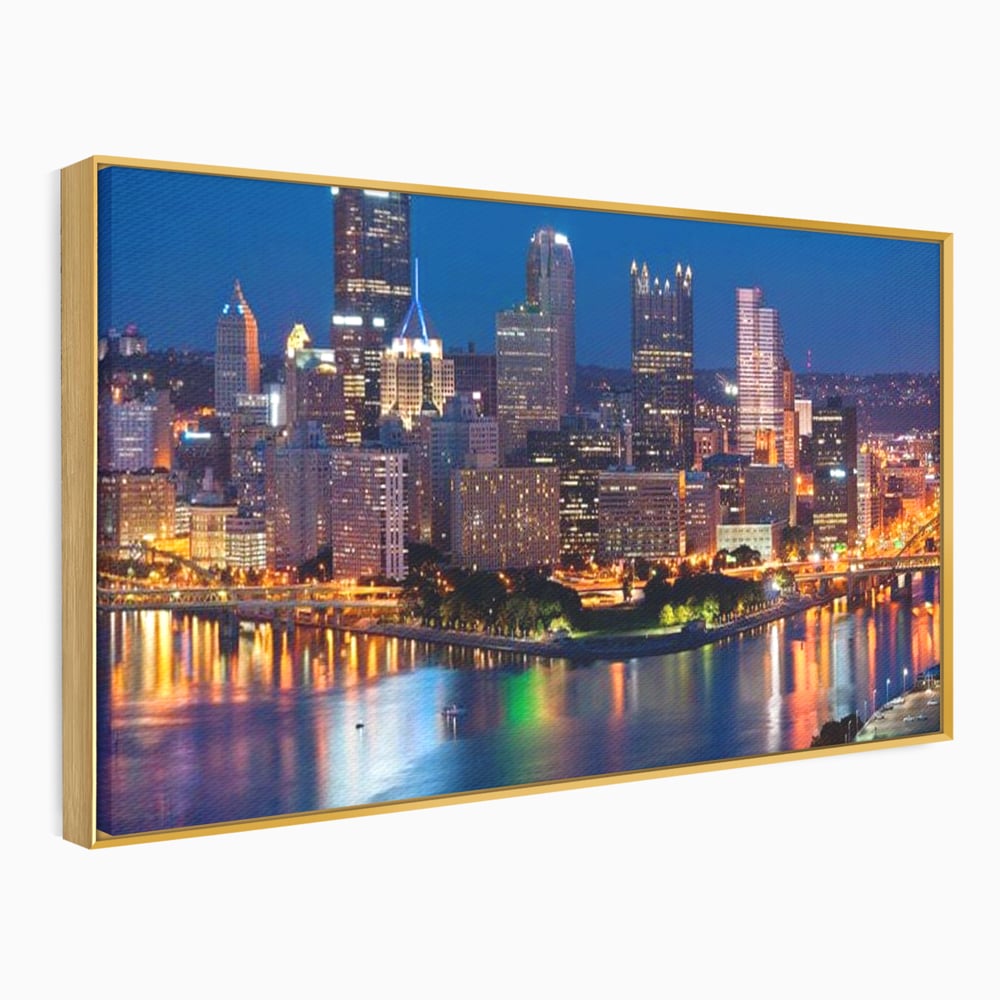 Tablou canvas cu tablou canvas cu peisaj nocturn urban, in rama de aluminiu auriu