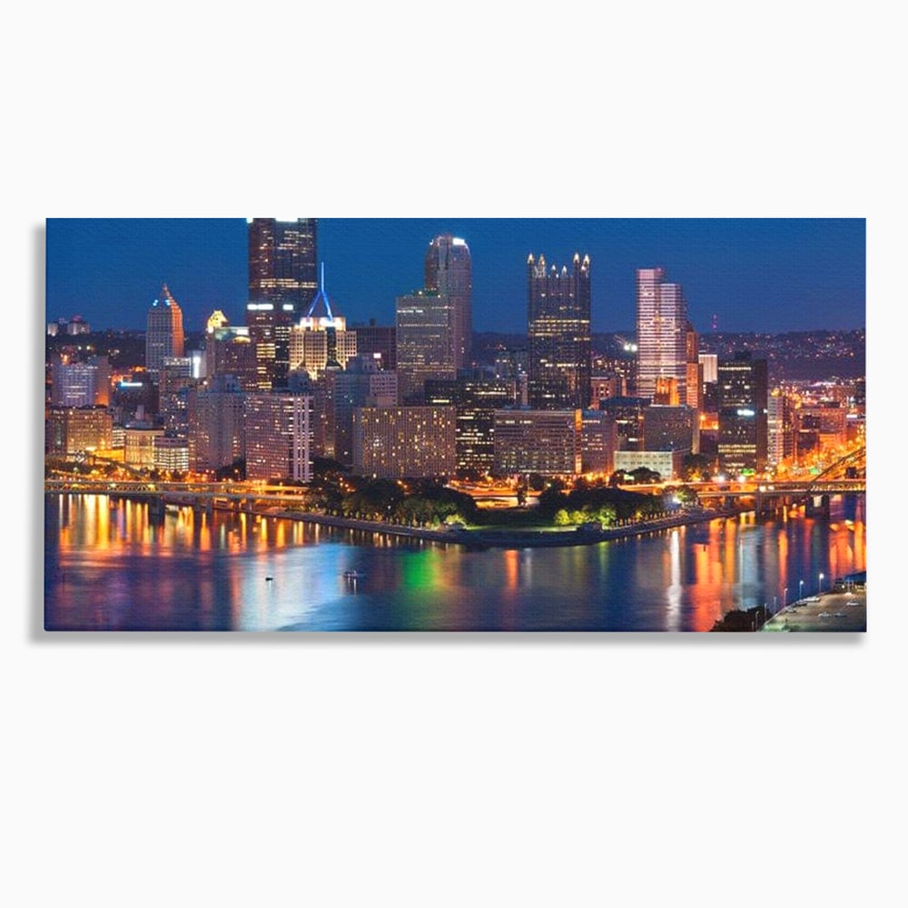 Tablou canvas cu tablou canvas cu peisaj nocturn urban, fara rama, pe sasiu de lemn