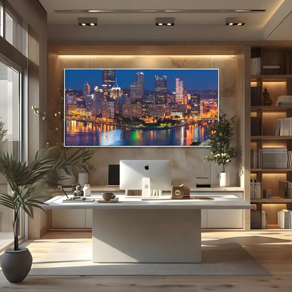 Tablou canvas cu tablou canvas cu peisaj nocturn urban, in rama de aluminiu argintiu, pe perete intr-un birou