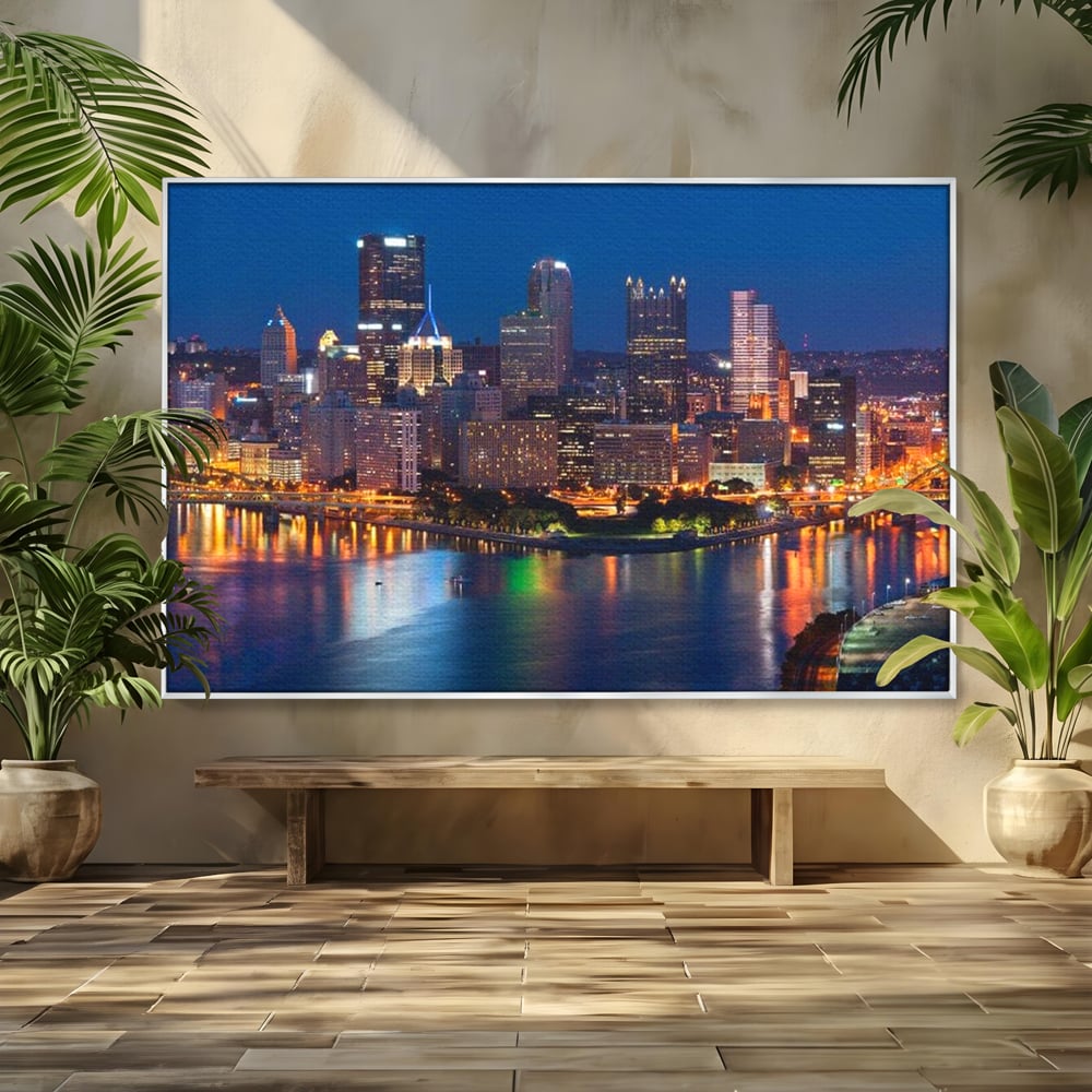 Tablou canvas cu tablou canvas cu peisaj nocturn urban, in rama de aluminiu argintiu