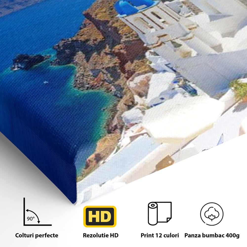 Detaliu al suprafetei: tablou canvas cu peisaj din santorini, fara rama, pe sasiu de lemn
