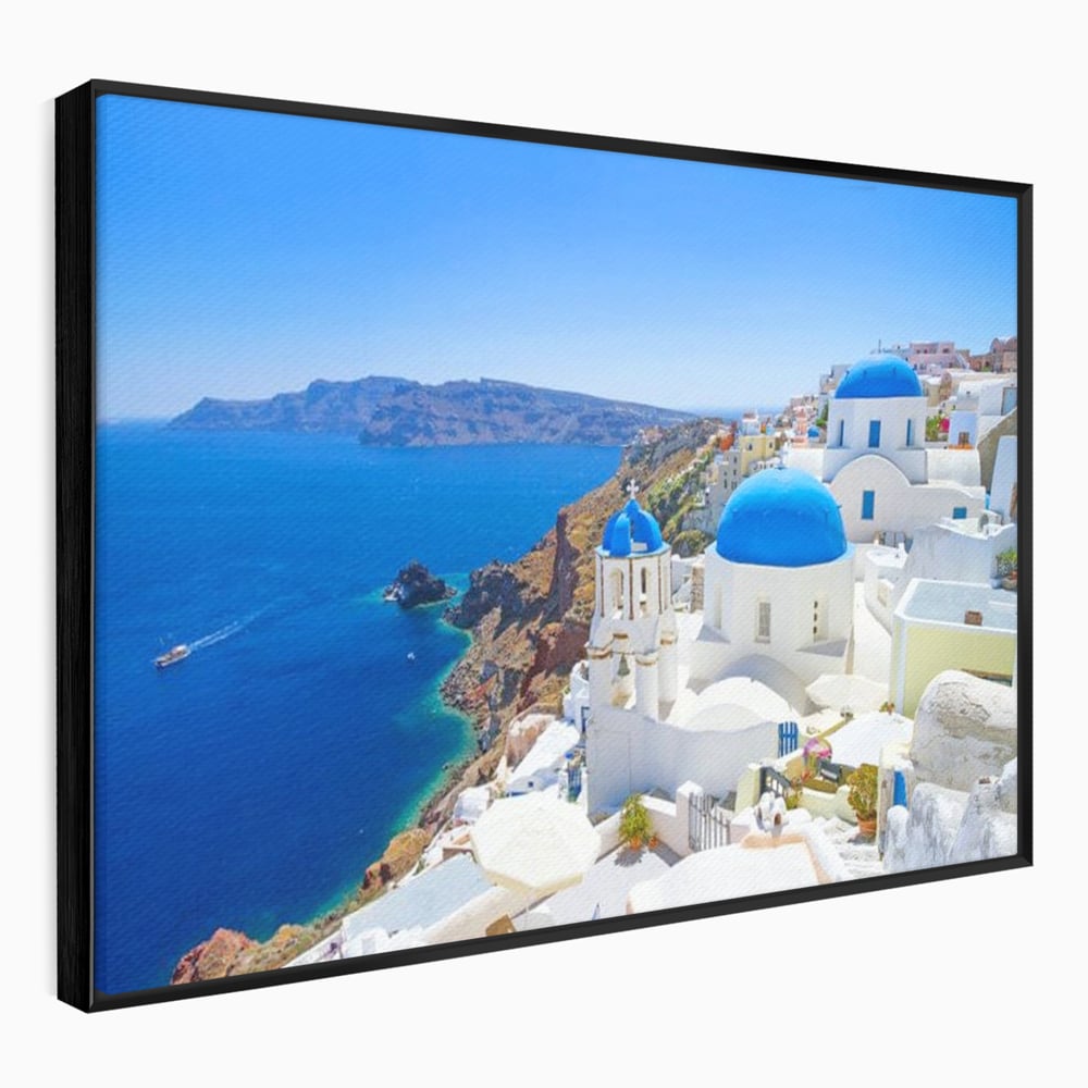 Tablou canvas cu tablou canvas cu peisaj din santorini, in rama de aluminiu negru