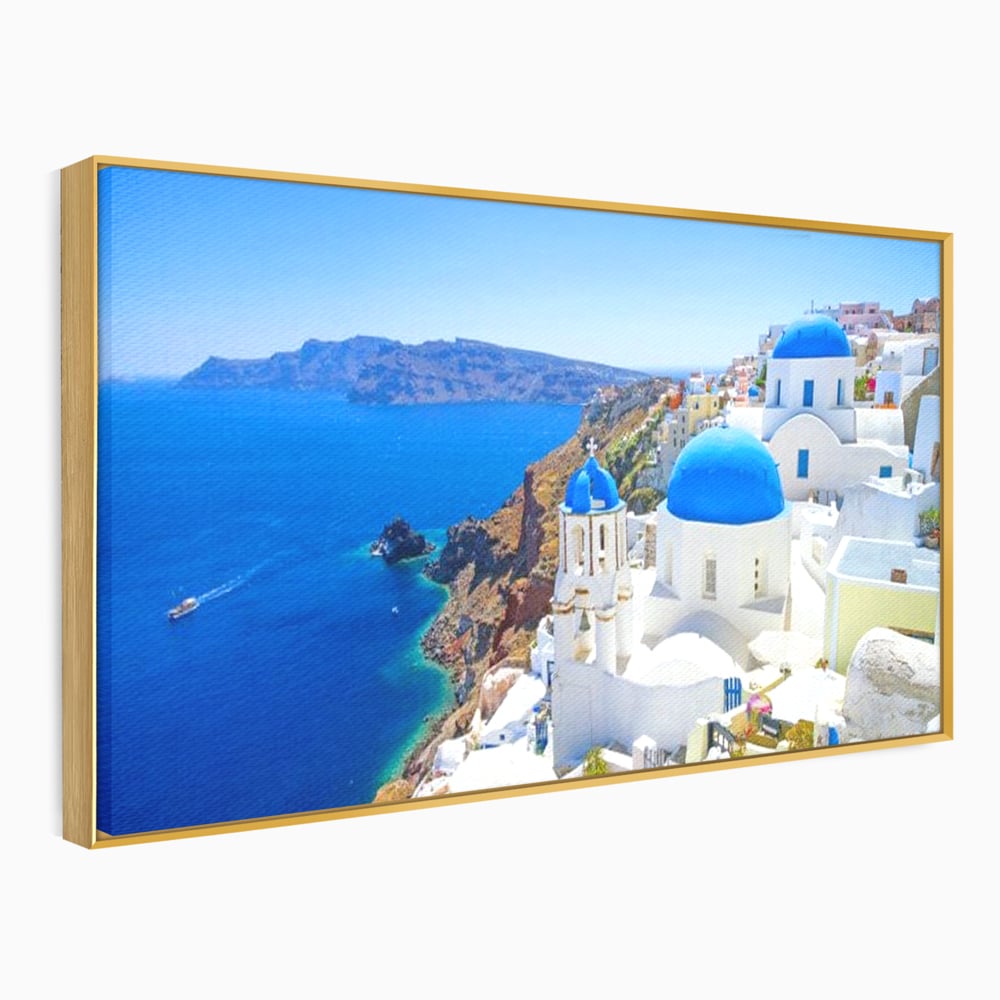 Tablou canvas cu tablou canvas cu peisaj din santorini, in rama de aluminiu auriu