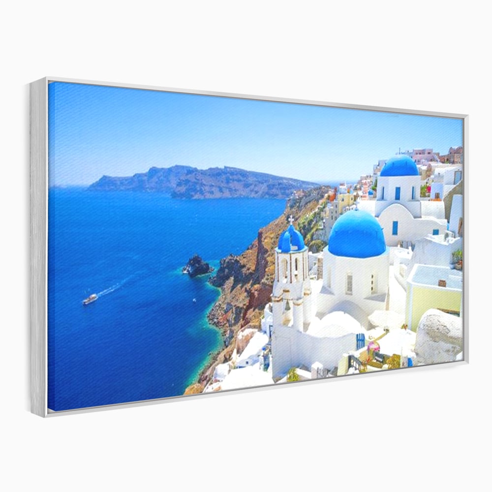 Tablou canvas cu tablou canvas cu peisaj din santorini, in rama de aluminiu argintiu