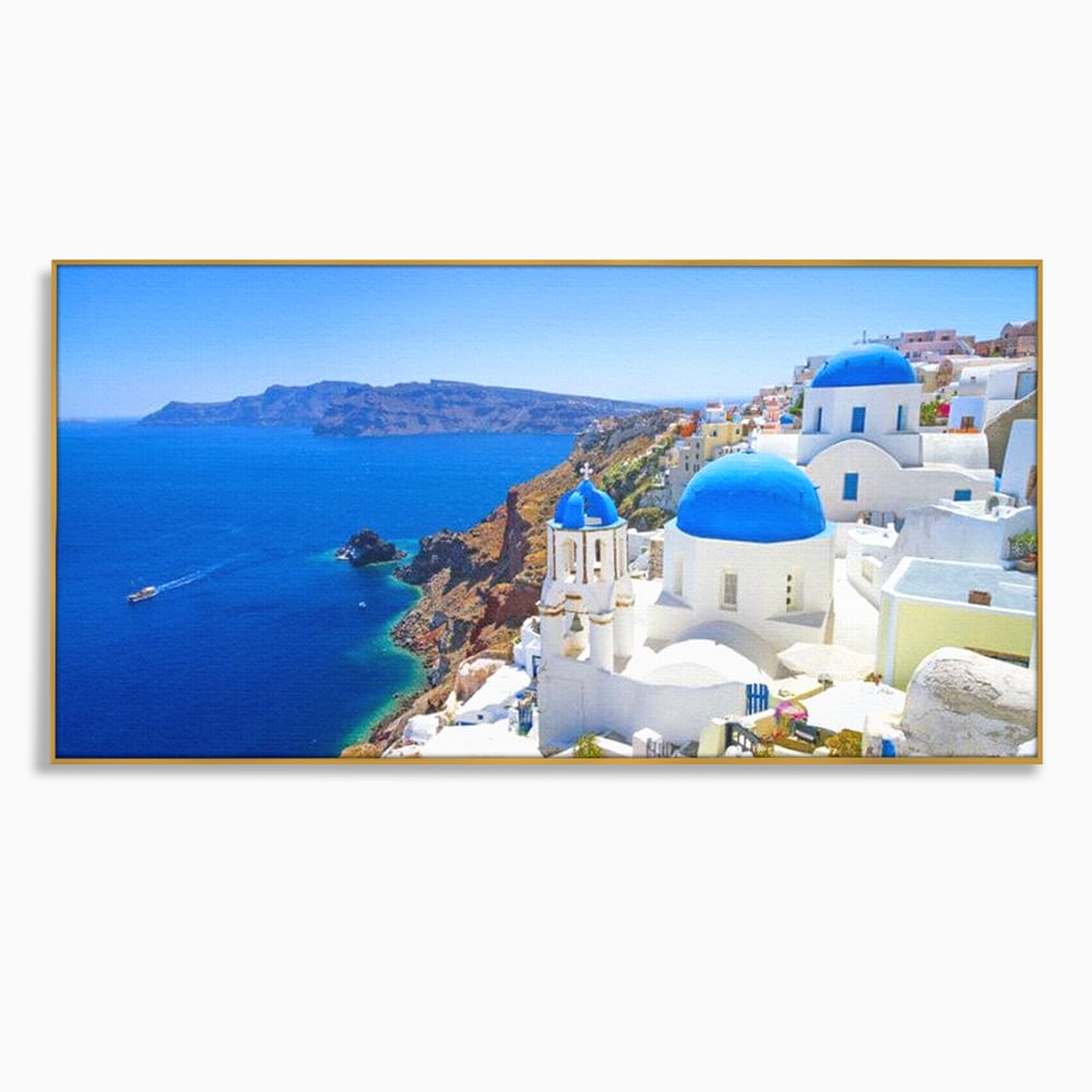 Tablou canvas cu tablou canvas cu peisaj din santorini, in rama de aluminiu auriu