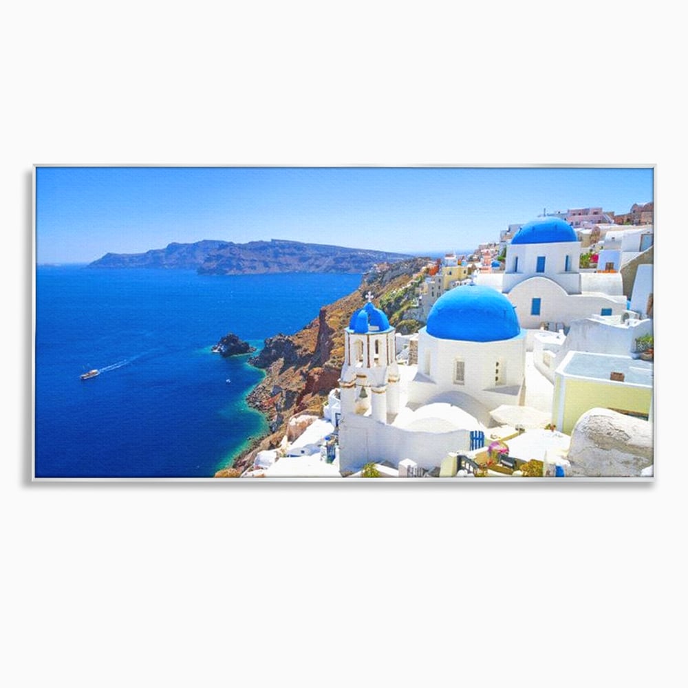 Tablou canvas cu tablou canvas cu peisaj din santorini, in rama de aluminiu argintiu