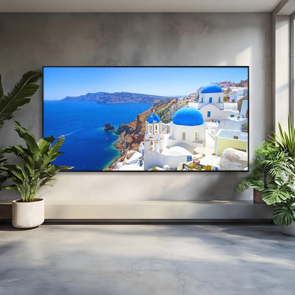 Tablou canvas cu tablou canvas cu peisaj din santorini, in rama de aluminiu negru