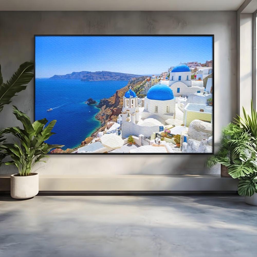 Tablou canvas cu tablou canvas cu peisaj din santorini, in rama de aluminiu negru