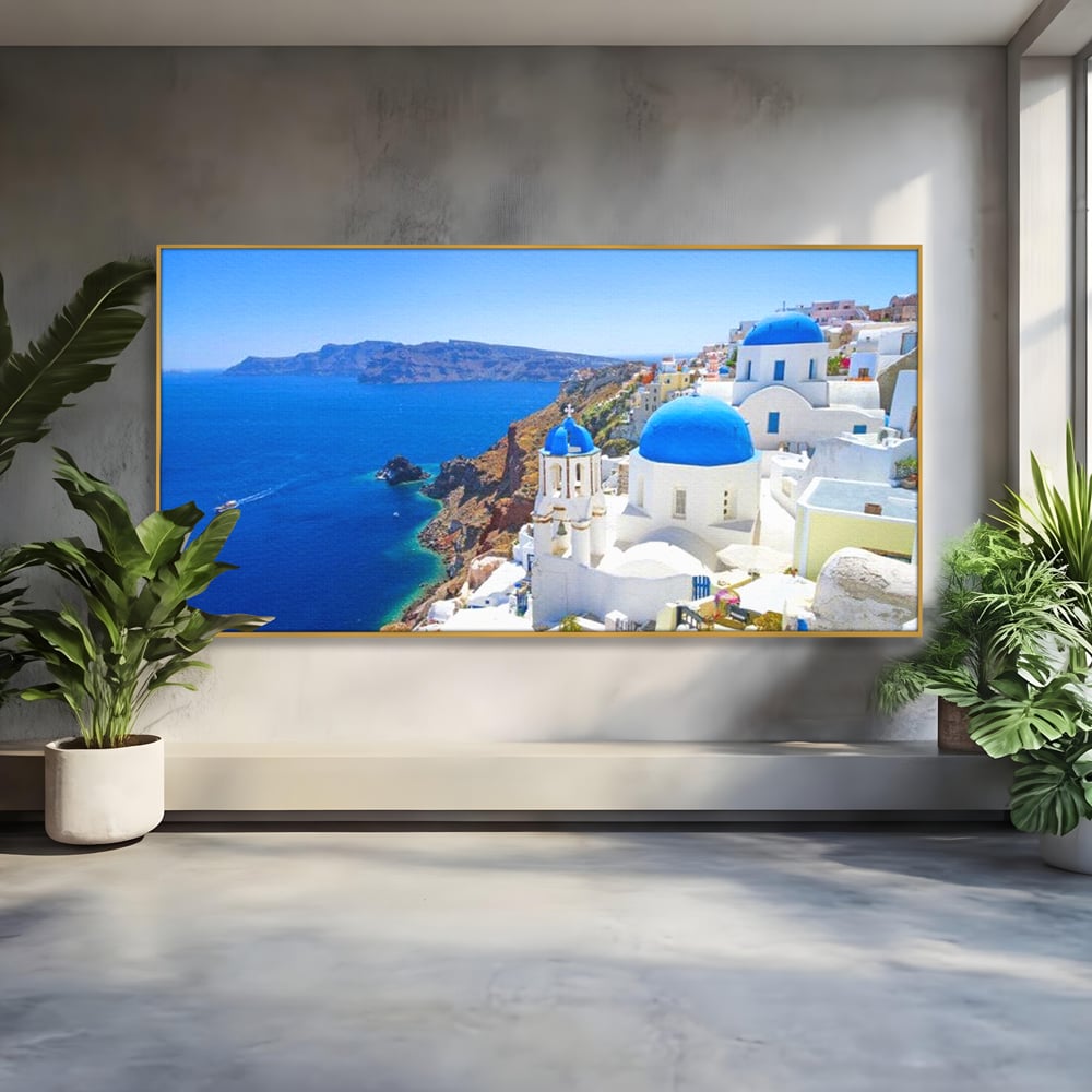 Tablou canvas cu tablou canvas cu peisaj din santorini, in rama de aluminiu auriu