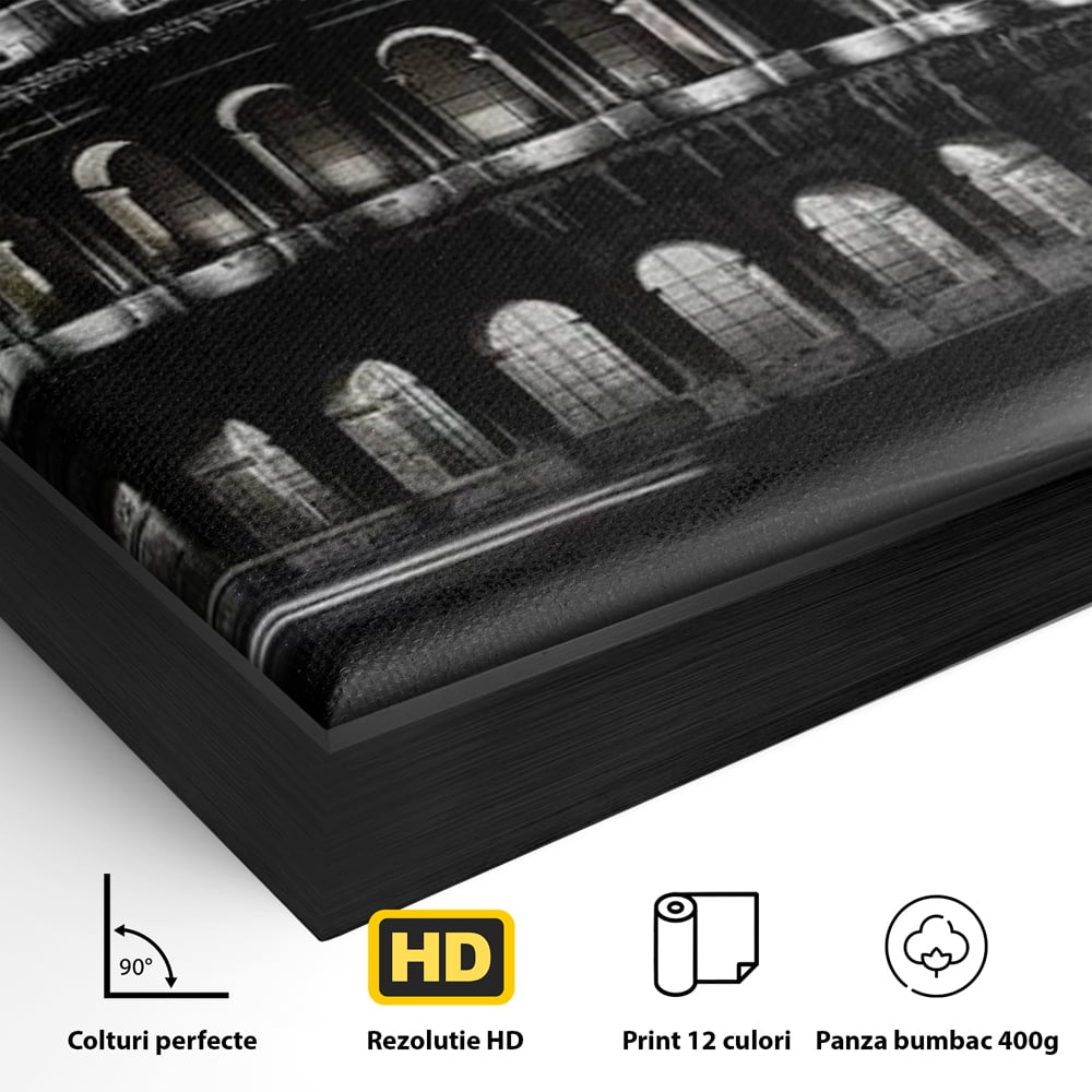 Detaliu al suprafetei: tablou canvas cu colosseumul noaptea, in rama de aluminiu negru