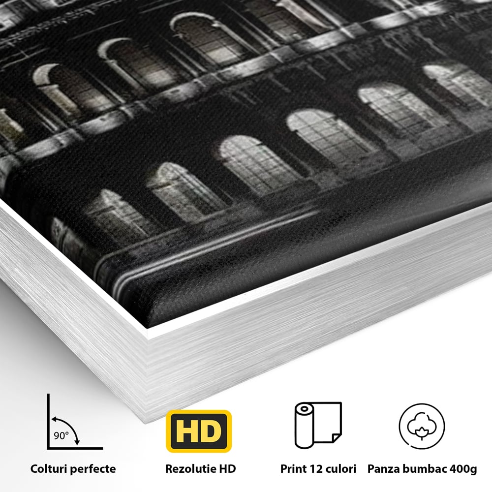 Detaliu al suprafetei: tablou canvas cu colosseumul noaptea, in rama de aluminiu argintiu