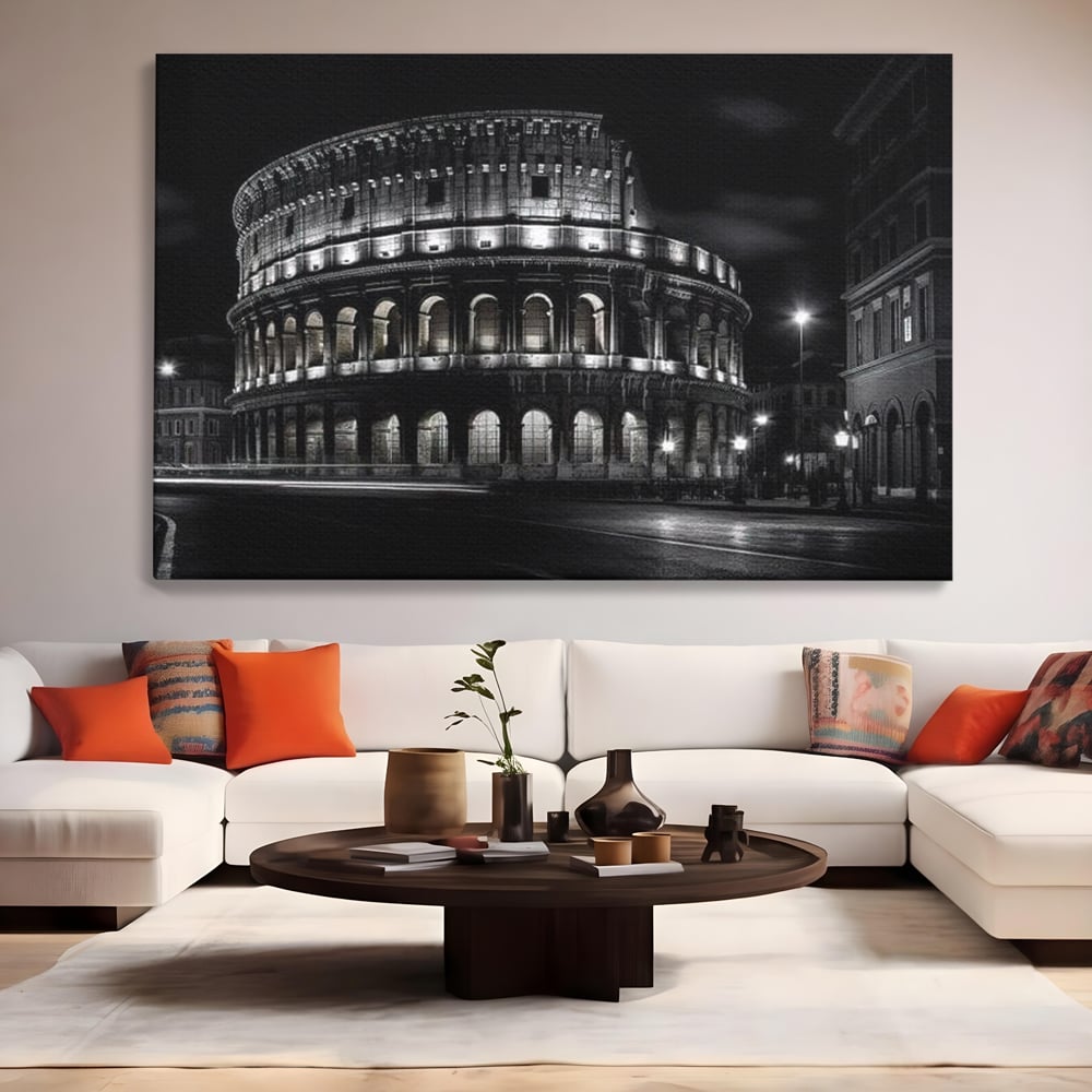 Tablou canvas cu tablou canvas cu colosseumul noaptea, fara rama, pe sasiu de lemn, pe perete intr-un living