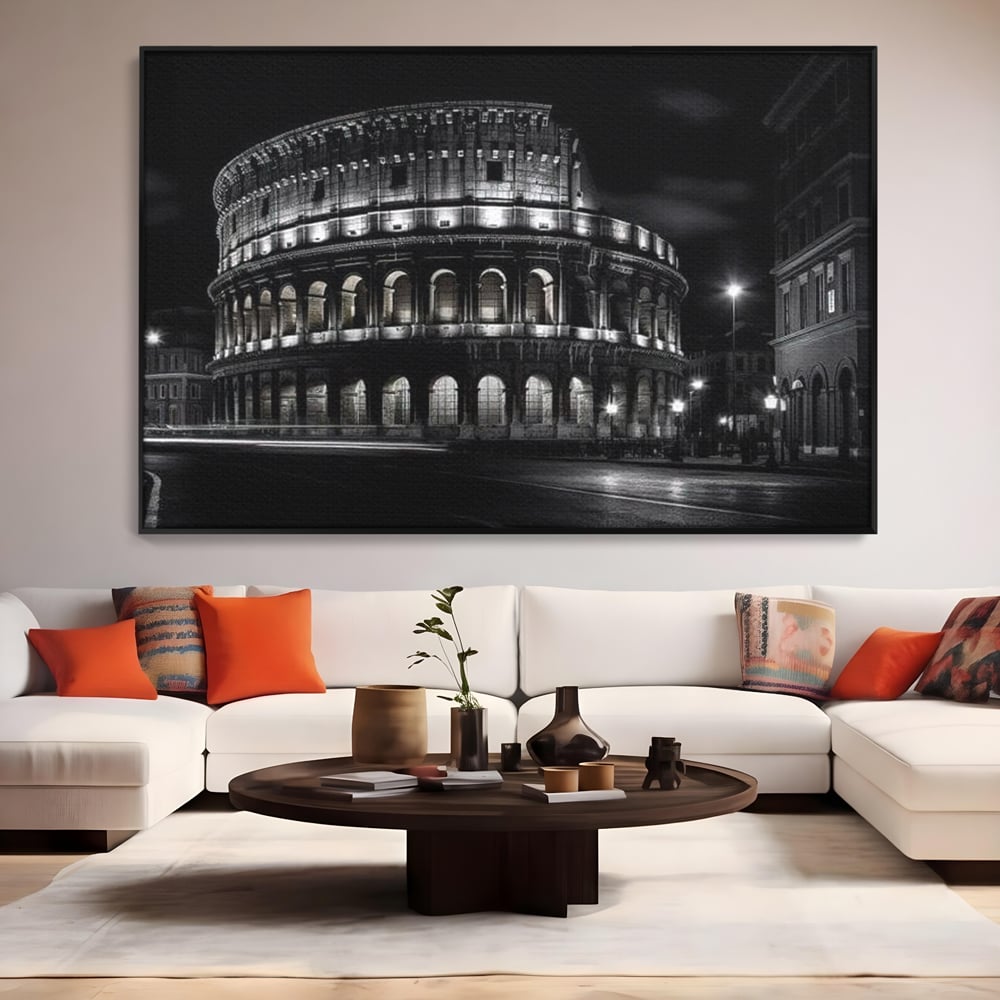 Tablou canvas cu tablou canvas cu colosseumul noaptea, in rama de aluminiu negru, pe perete intr-un living