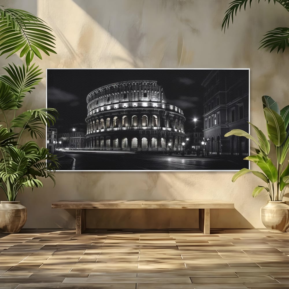 Tablou canvas cu tablou canvas cu colosseumul noaptea, in rama de aluminiu argintiu