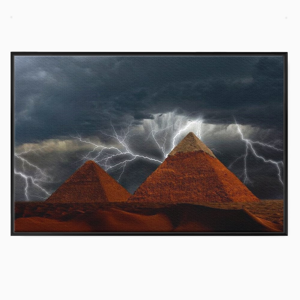 Tablou canvas cu ilustratie cu piramide si fulgere, in rama de aluminiu negru