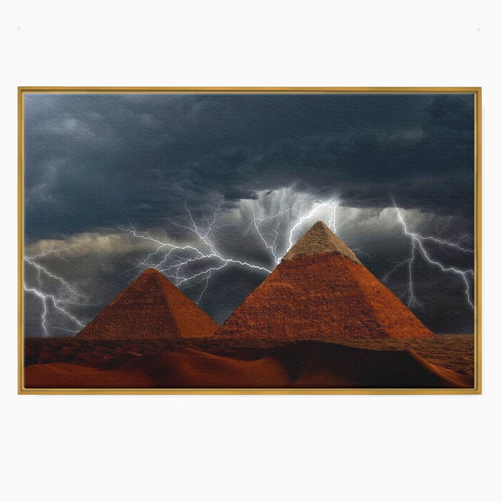 Tablou canvas cu ilustratie cu piramide si fulgere, in rama de aluminiu auriu