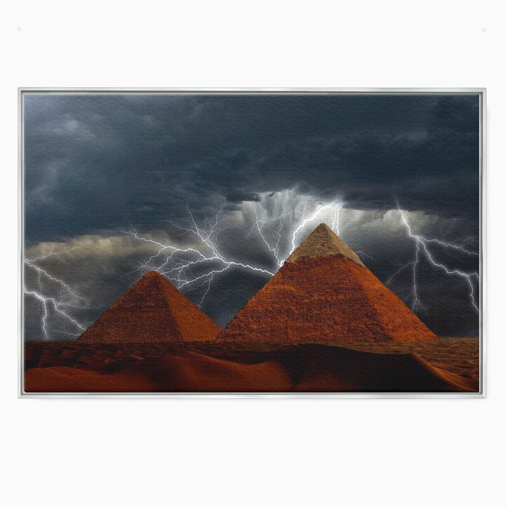 Tablou canvas cu ilustratie cu piramide si fulgere, in rama de aluminiu argintiu