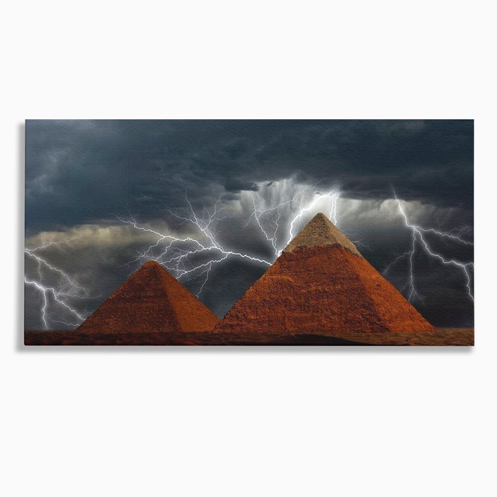 Tablou canvas cu ilustratie cu piramide si fulgere, fara rama, pe sasiu de lemn