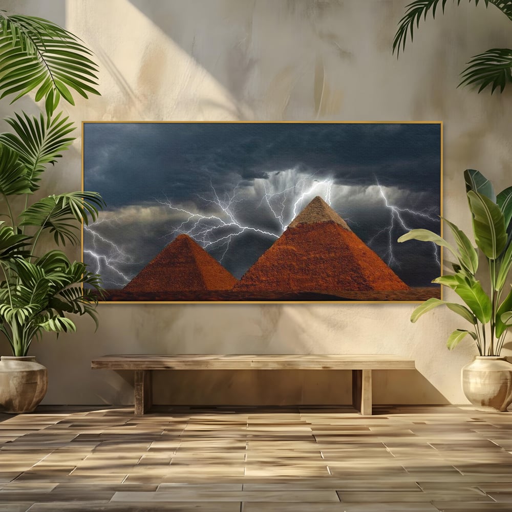 Tablou canvas cu ilustratie cu piramide si fulgere, in rama de aluminiu auriu