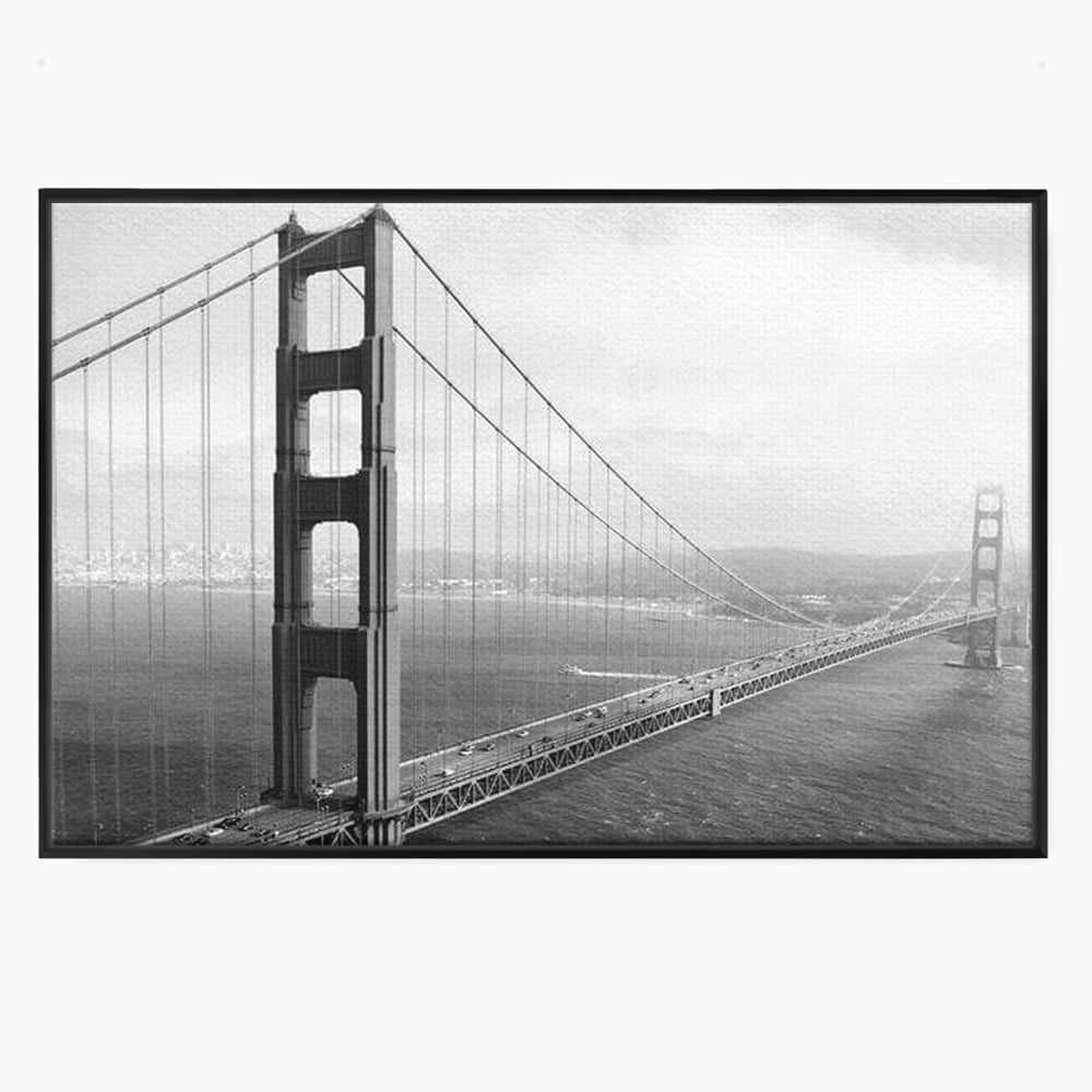 Tablou canvas cu fotografie alb-negru cu podul golden gate, in rama de aluminiu negru