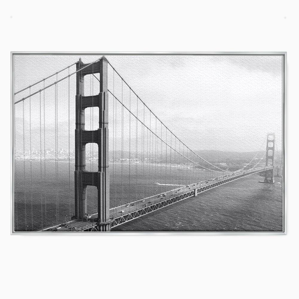 Tablou canvas cu fotografie alb-negru cu podul golden gate, in rama de aluminiu argintiu