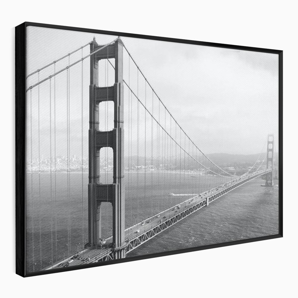 Tablou canvas cu fotografie alb-negru cu podul golden gate, in rama de aluminiu negru