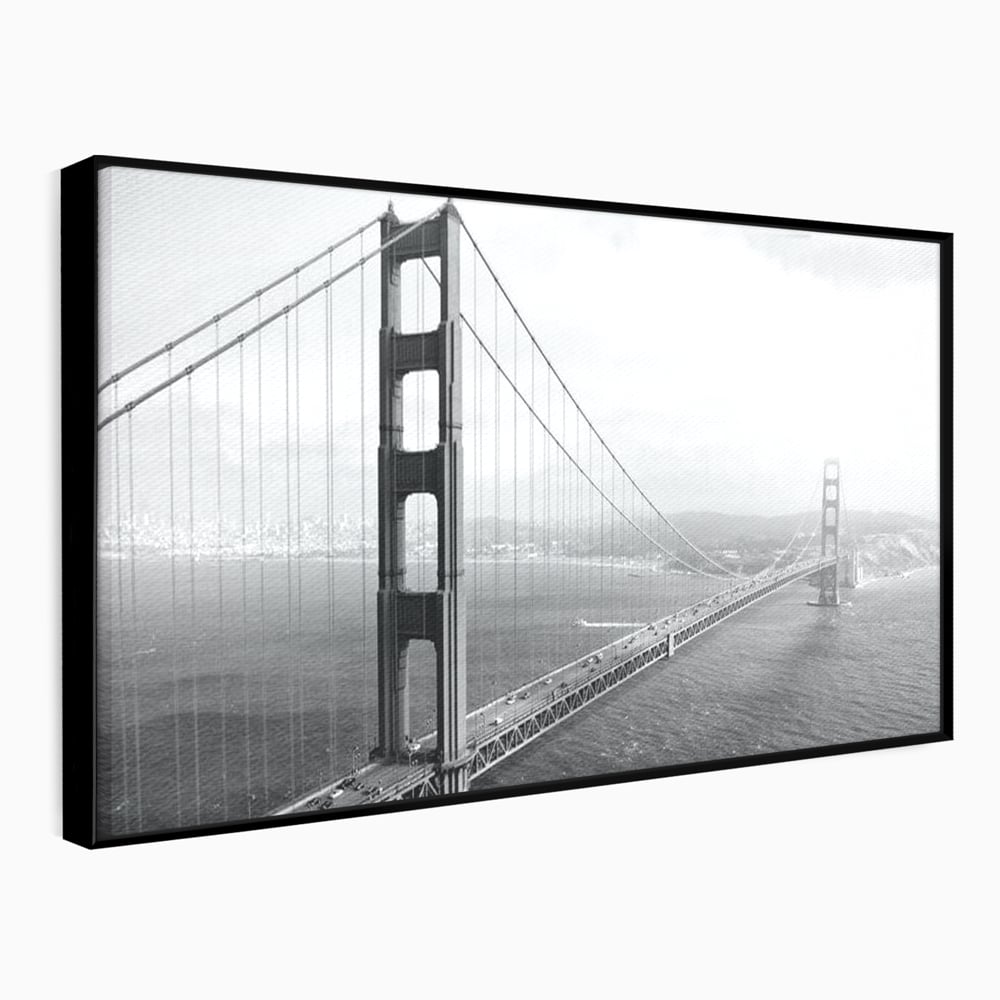 Tablou canvas cu fotografie alb-negru cu podul golden gate, in rama de aluminiu negru