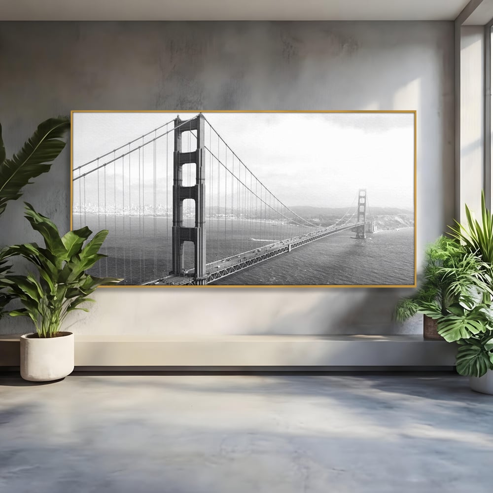 Tablou canvas cu fotografie alb-negru cu podul golden gate, in rama de aluminiu auriu